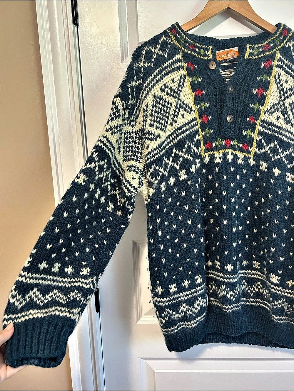 Handmade Wool Nordic Pattern Sweater Oversized Knit Fair Isle Vintage - Picture 4 of 4